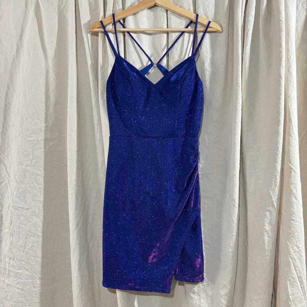 City‎ Triangles Royal Blue Metallic Shimmer Mini Dress Strappy Back Y2K Style Sm